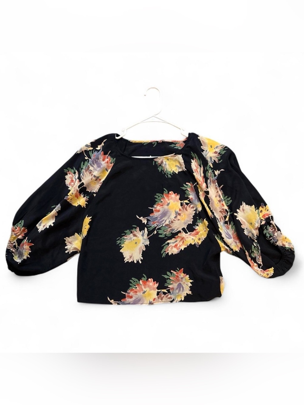 Anthropologie Dil 100% Silk Black Watercolor Floral Blouse Balloon Sleeve